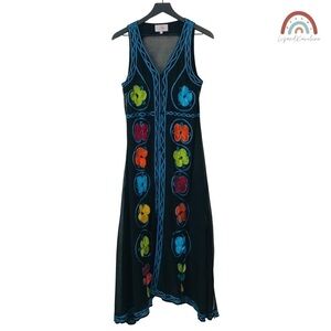 Roja Ethnic Bohemian Hand Embroidered Colorful Floral Mesh Side Slits Maxi Dress